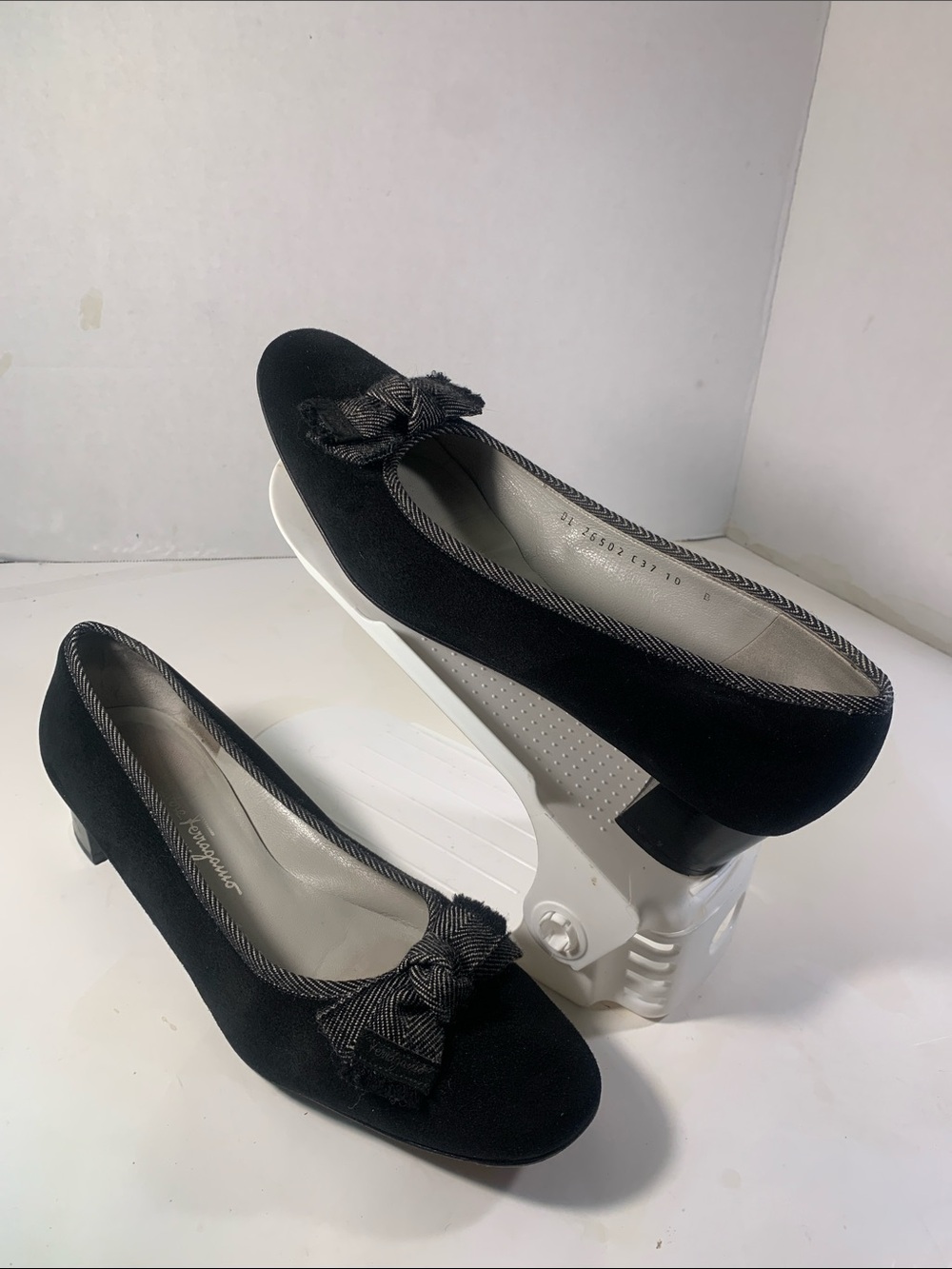 Salvatore Ferragamo Women's Black Suede/Velvet Dresda Herringbone Bow Pumps
